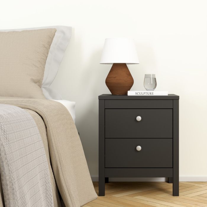 Madrid 2 Drawers Bedside Table - Matt Black